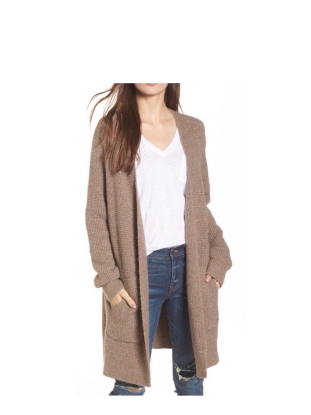 Madewell Wafflestitch Alpaca Wool Open-Front Long Cardigan Sweater - Taupe XS